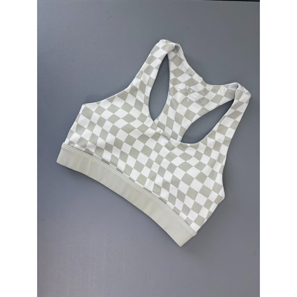 WILO the Label women's small green ivory checked racerback sports bra low impact